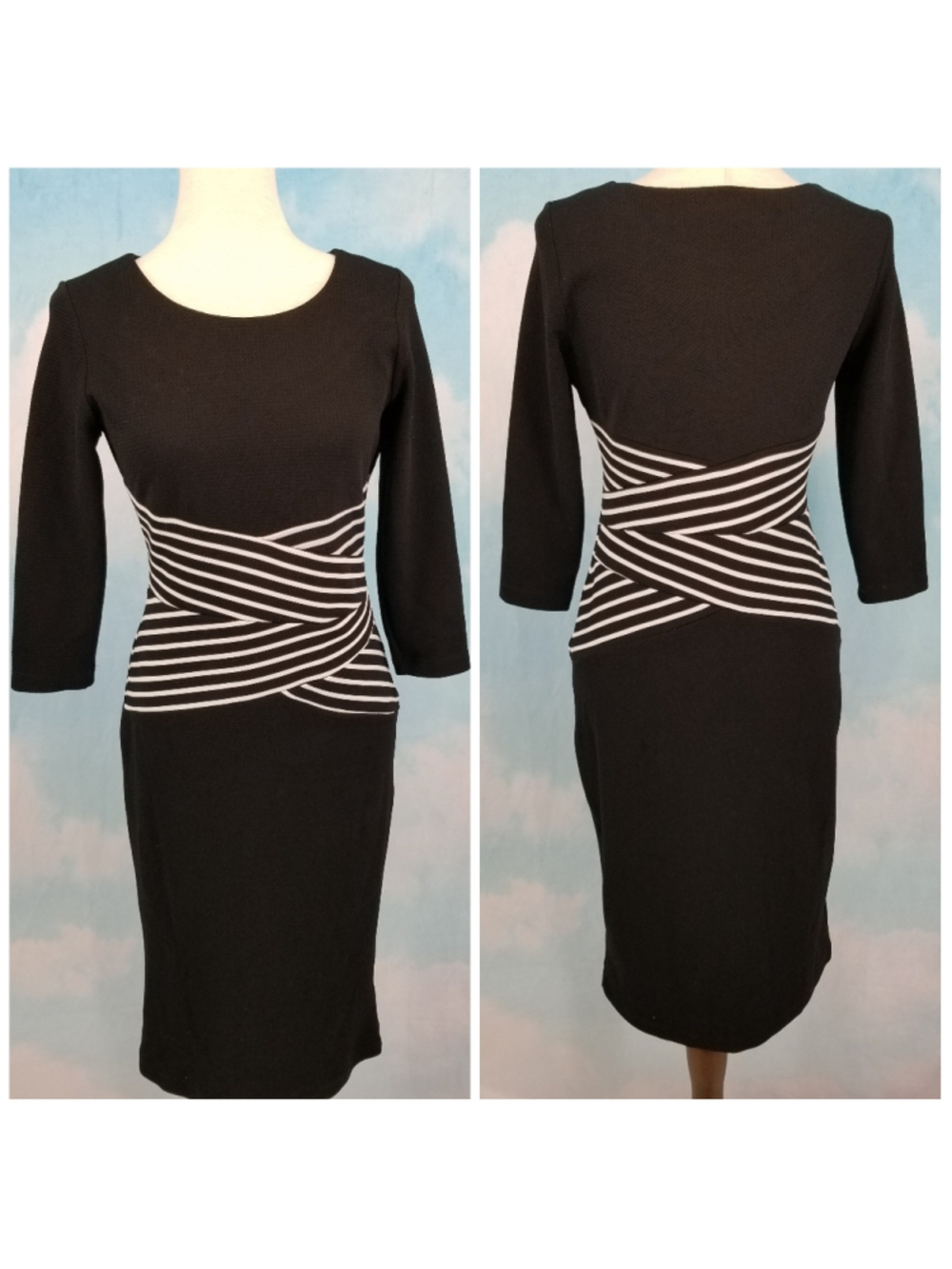 Shelby & Palmer Bodycon Dress Size 6 Black White Stripe Accent Midi Stretch